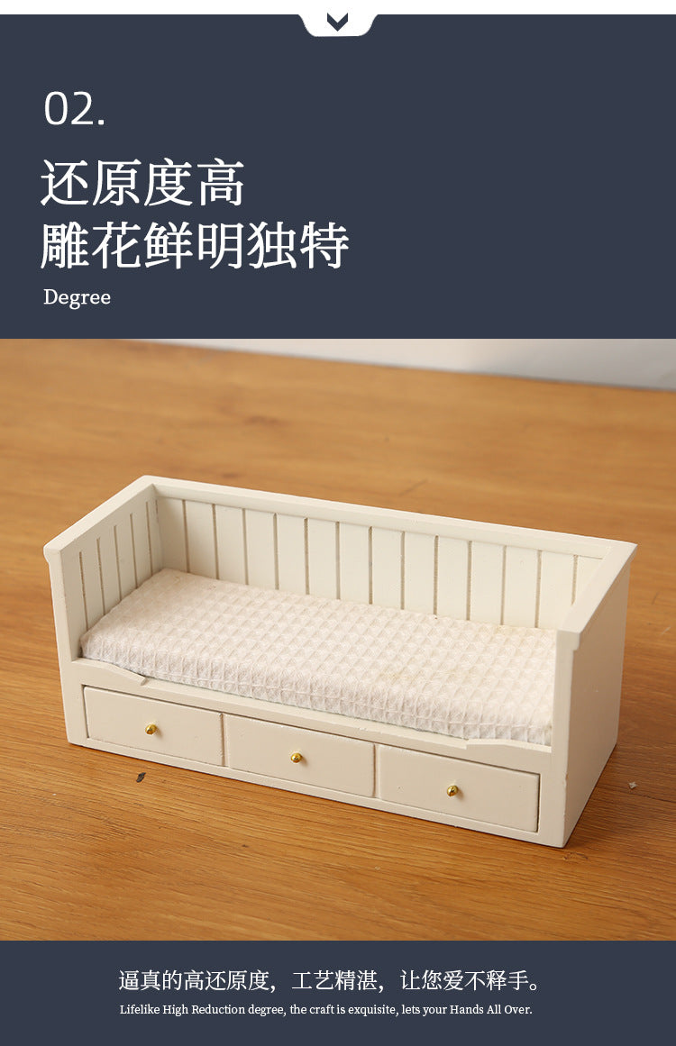 1:12 Dollhouse Mini Furniture Bedroom Micro Scene Model Walnut Retro Single Bed