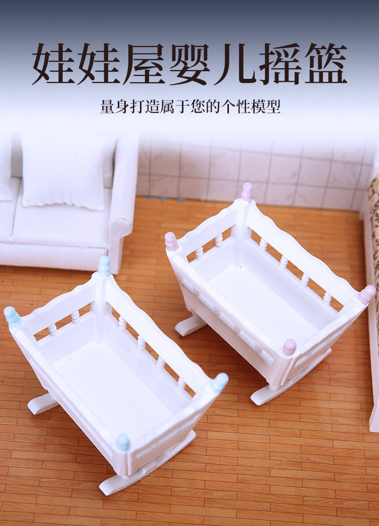 1:12 Dollhouse Bedroom Scene Mini Cradle Blue and Pink Pillars Realistic Baby Rocking Bed