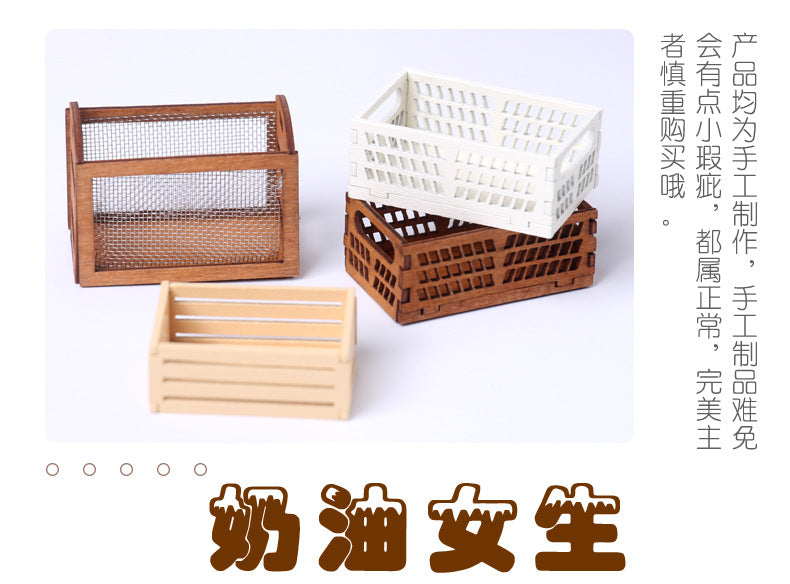 Mini Iron Mesh Wooden Frame Storage Box Organizer Basket Dollhouse Miniature Scene Decoration