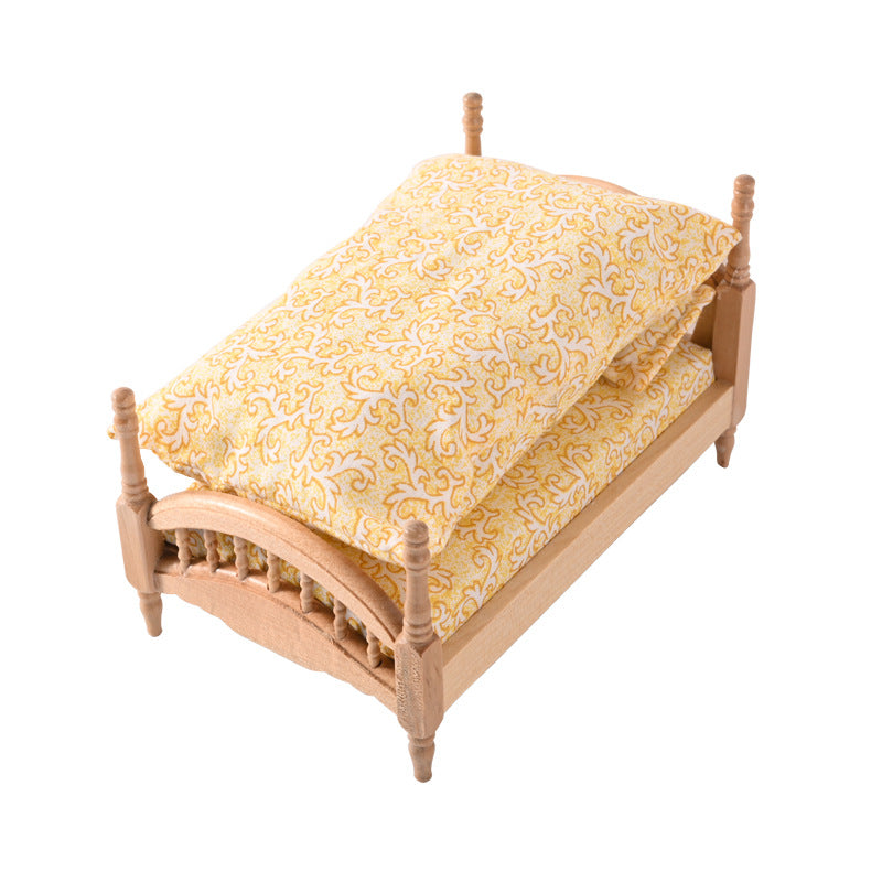 1:12 Dollhouse Mini Furniture Bedroom Micro Scene Wooden Classical European Single Bed