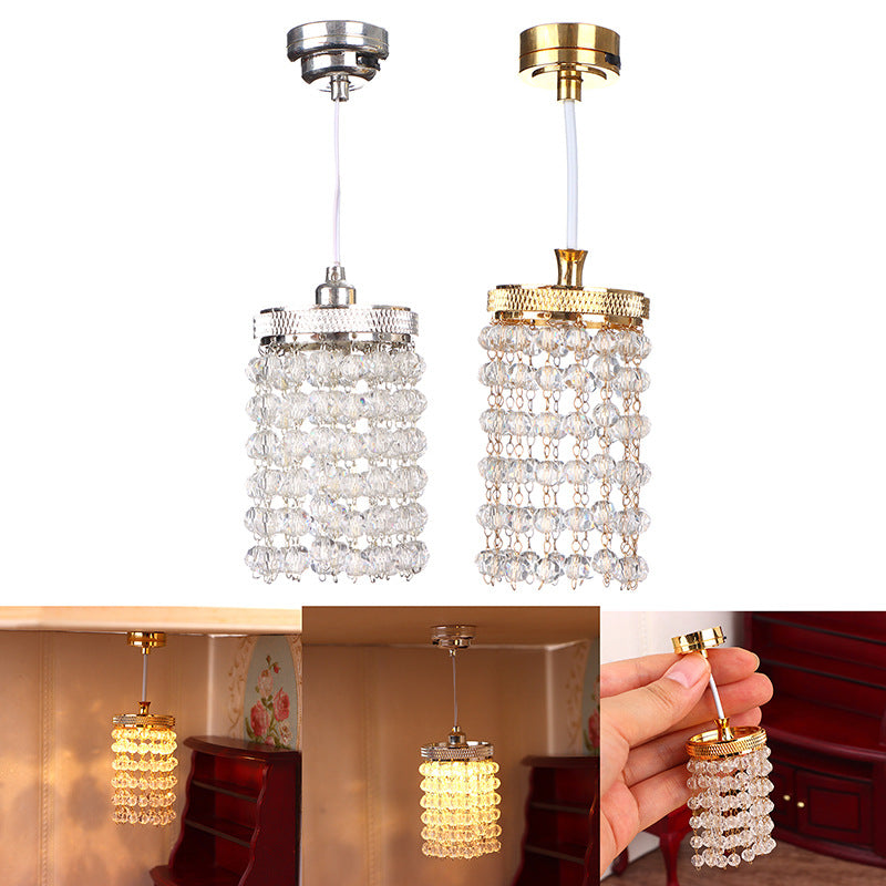 1:12 Dollhouse Miniature Small Lamp Model Scene Light-Up LED Crystal Chandelier Miniature Luxury