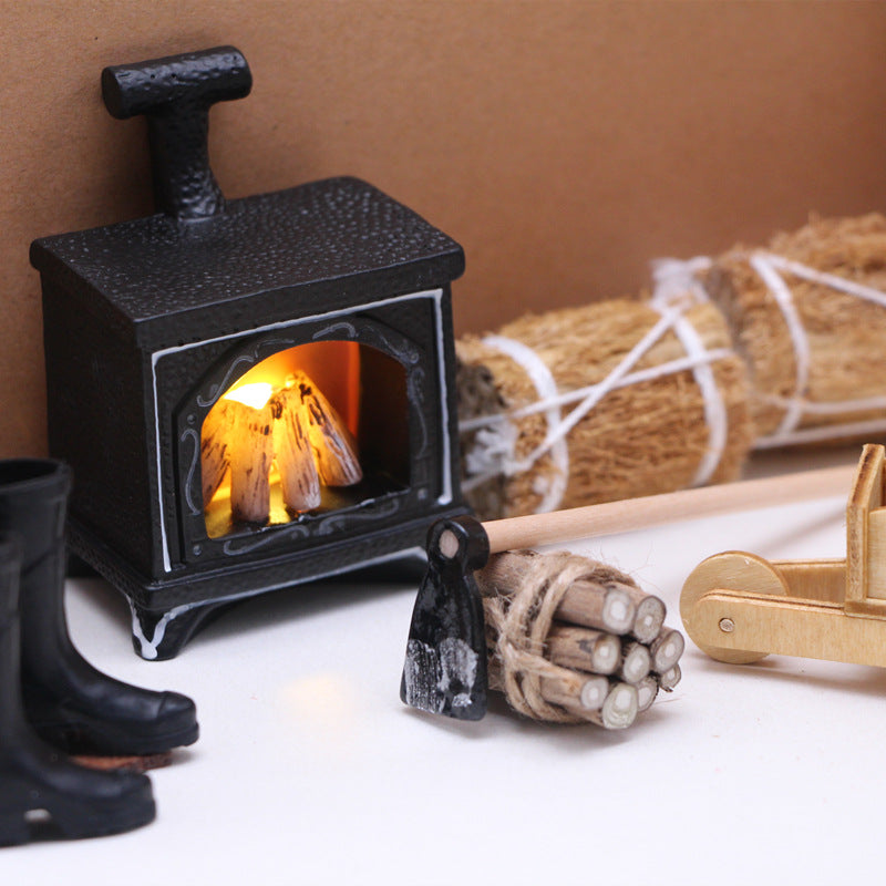 Winter Scene Dollhouse Accessories Miniature Wicker Bag Wood Cart Fireplace