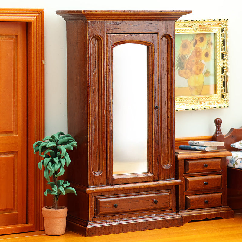 1:12 Dollhouse Mini Furniture Bedroom Miniature Scene Cabinet Chestnut Solid Wood Wardrobe with Mirror