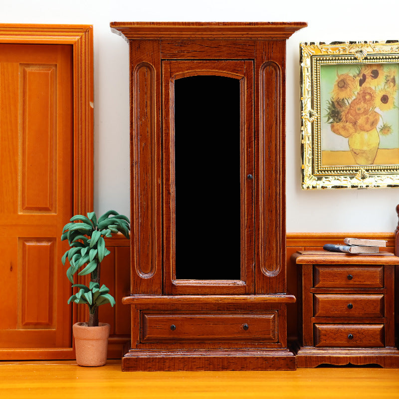 1:12 Dollhouse Mini Furniture Bedroom Miniature Scene Cabinet Chestnut Solid Wood Wardrobe with Mirror