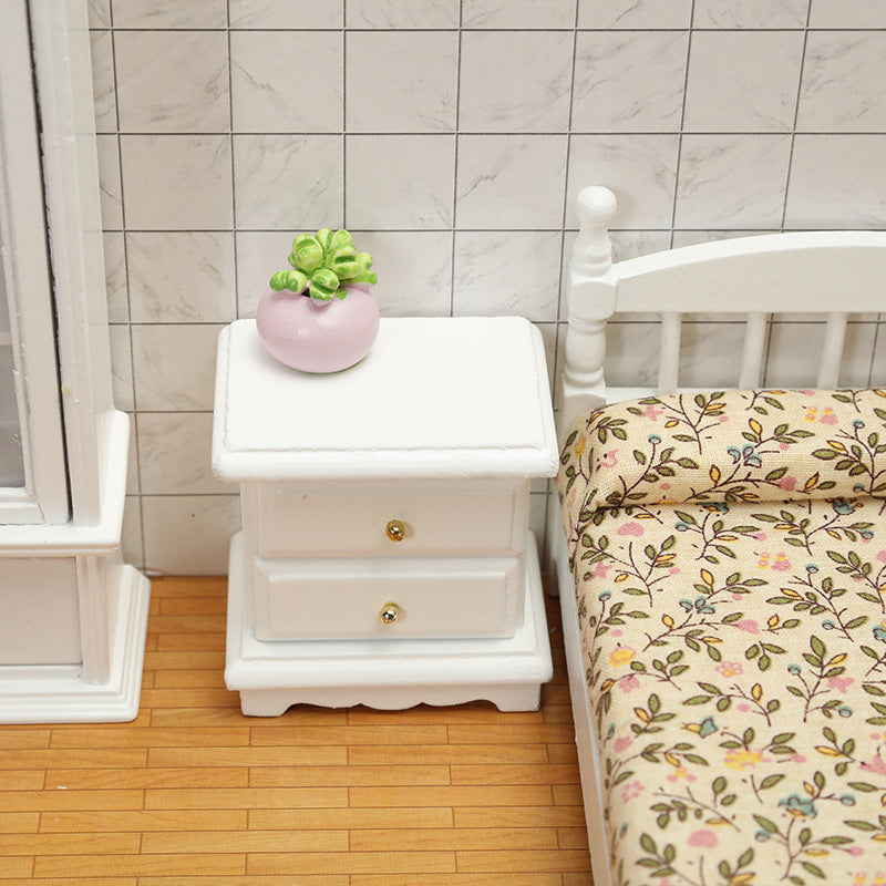 1:12 Dollhouse Bedroom Scene Pretend Play Toy Miniature Model White Nightstand