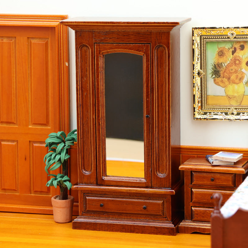 1:12 Dollhouse Mini Furniture Bedroom Miniature Scene Cabinet Chestnut Solid Wood Wardrobe with Mirror
