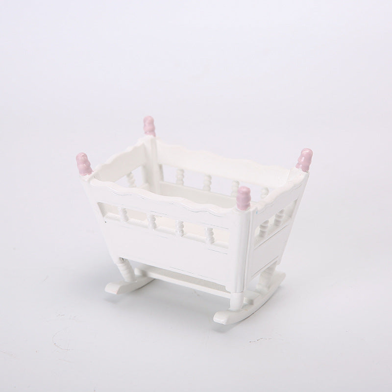 1:12 Dollhouse Bedroom Scene Mini Cradle Blue and Pink Pillars Realistic Baby Rocking Bed