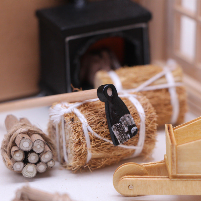 Winter Scene Dollhouse Accessories Miniature Wicker Bag Wood Cart Fireplace