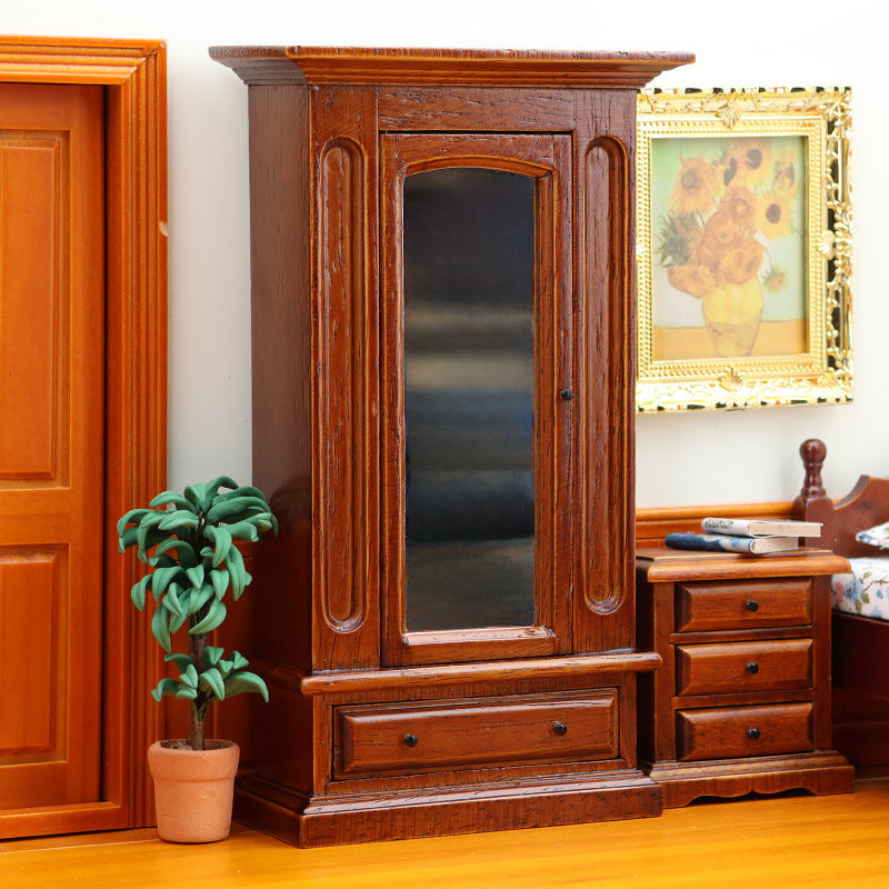 1:12 Dollhouse Mini Furniture Bedroom Miniature Scene Cabinet Chestnut Solid Wood Wardrobe with Mirror