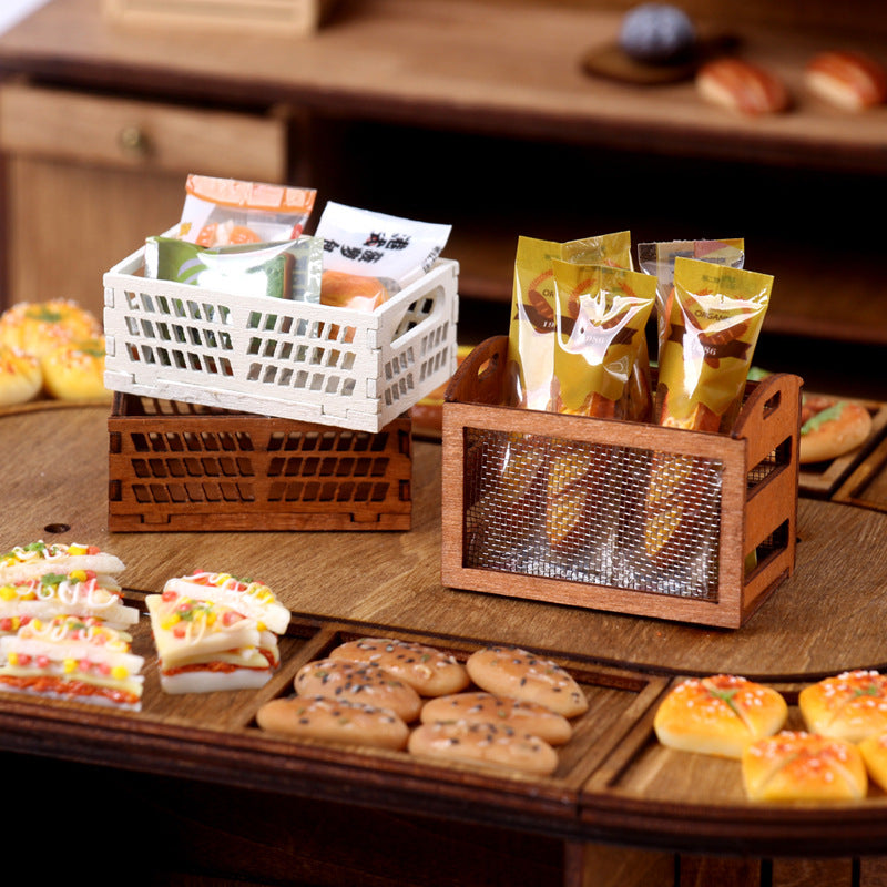 Mini Iron Mesh Wooden Frame Storage Box Organizer Basket Dollhouse Miniature Scene Decoration