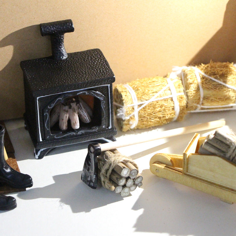 Winter Scene Dollhouse Accessories Miniature Wicker Bag Wood Cart Fireplace