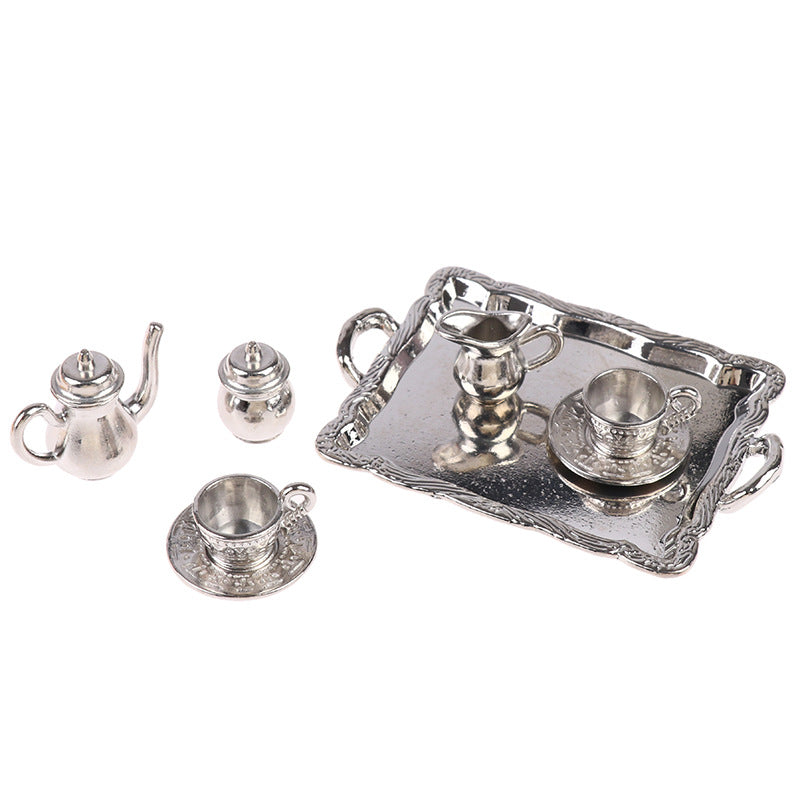 Mini Alloy Patterned Teaset Dollhouse Model