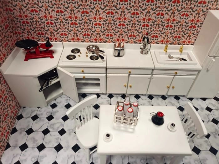 1:12 Dollhouse White Kitchen Set with Fridge Freezer