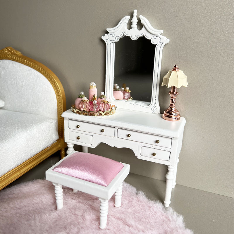 Dollhouse White Bedroom Dresser with Stool