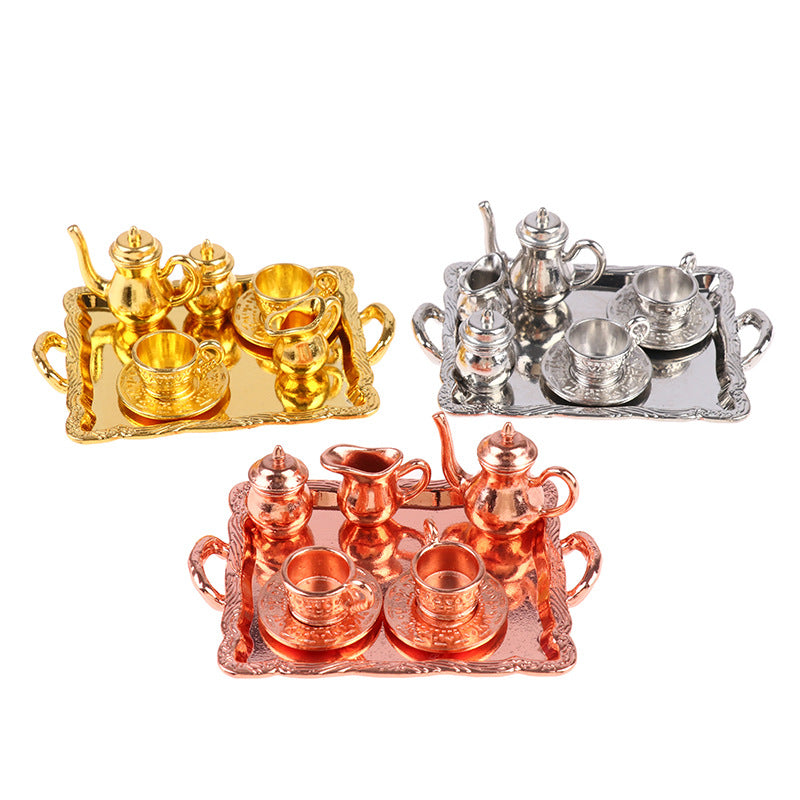 Mini Alloy Patterned Teaset Dollhouse Model