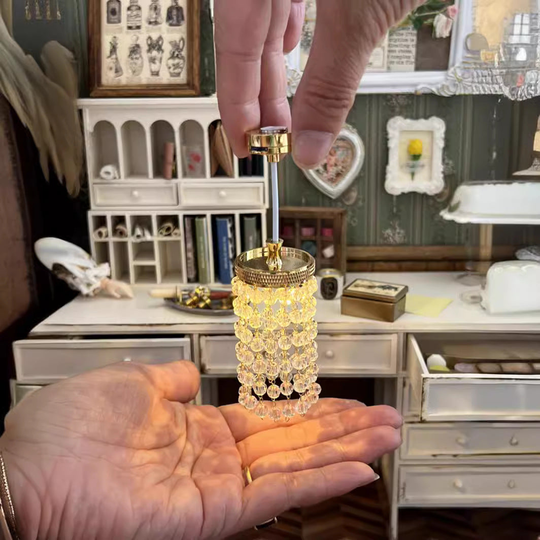 1:12 Dollhouse Miniature Small Lamp Model Scene Light-Up LED Crystal Chandelier Miniature Luxury