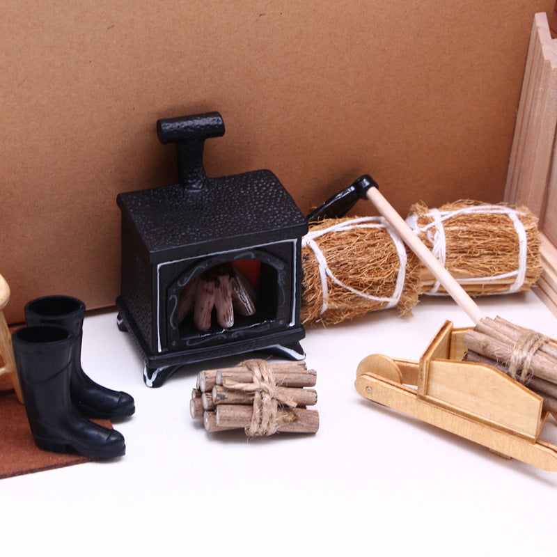 Winter Scene Dollhouse Accessories Miniature Wicker Bag Wood Cart Fireplace