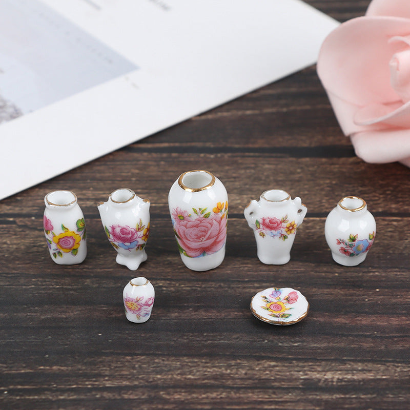 Mini Ceramic Dollhouse Vase Set of 7 Decor