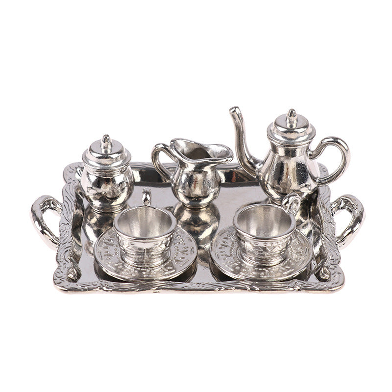 Mini Alloy Patterned Teaset Dollhouse Model