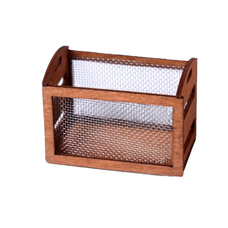 Mini Iron Mesh Wooden Frame Storage Box Organizer Basket Dollhouse Miniature Scene Decoration