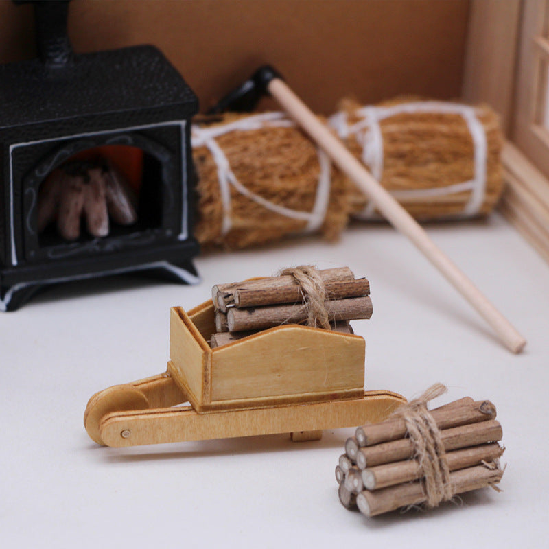 Winter Scene Dollhouse Accessories Miniature Wicker Bag Wood Cart Fireplace