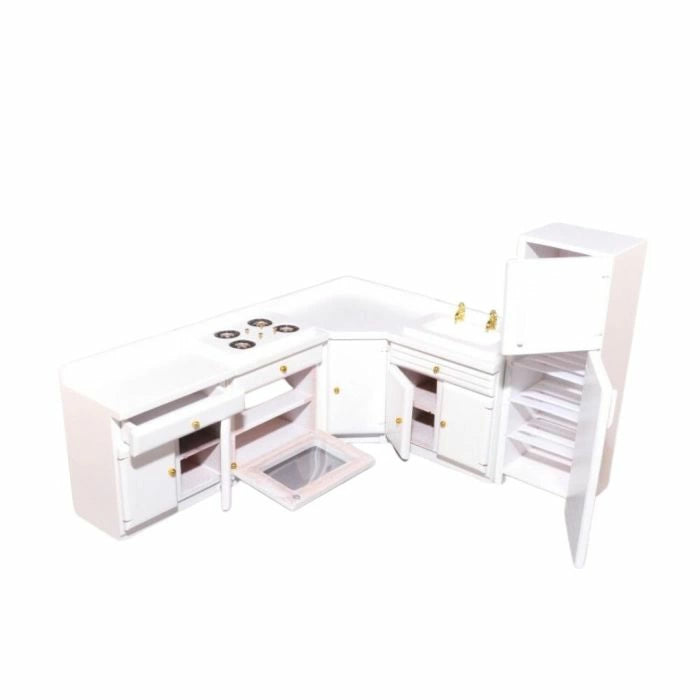 1:12 Dollhouse White Kitchen Set with Fridge Freezer