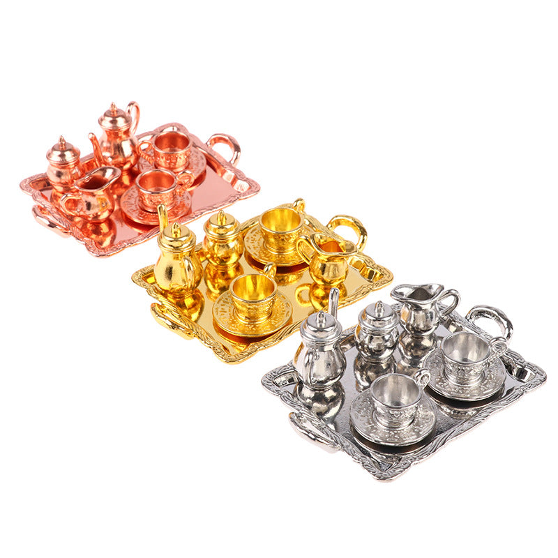Mini Alloy Patterned Teaset Dollhouse Model