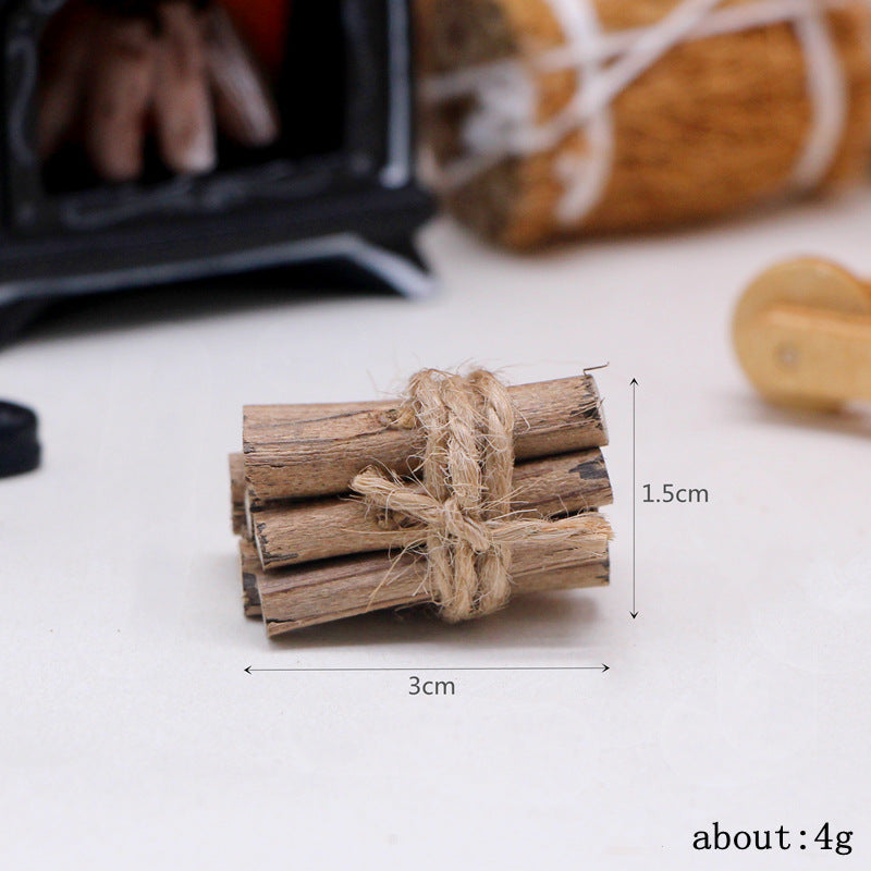 Winter Scene Dollhouse Accessories Miniature Wicker Bag Wood Cart Fireplace