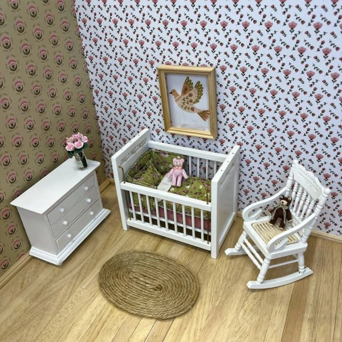 1:12 Dollhouse Olive Green Wallpaper with Candy Pink Flowers